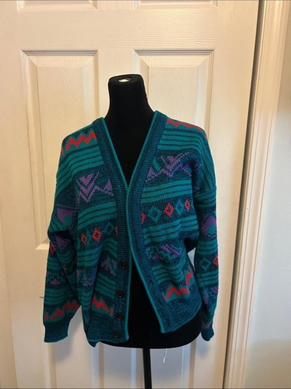 Atlantic Traders Vintage Teal Patterned Button-Front Cardigan Sweater